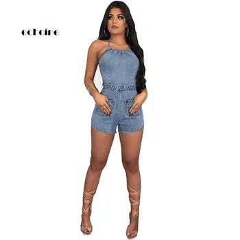 

Echoine Women Denim Jumpsuit Cowboy Spaghetti Straps Sexy Backless Bandage Lace Up Tight Short Pants Pocket Fashion Club Rompers