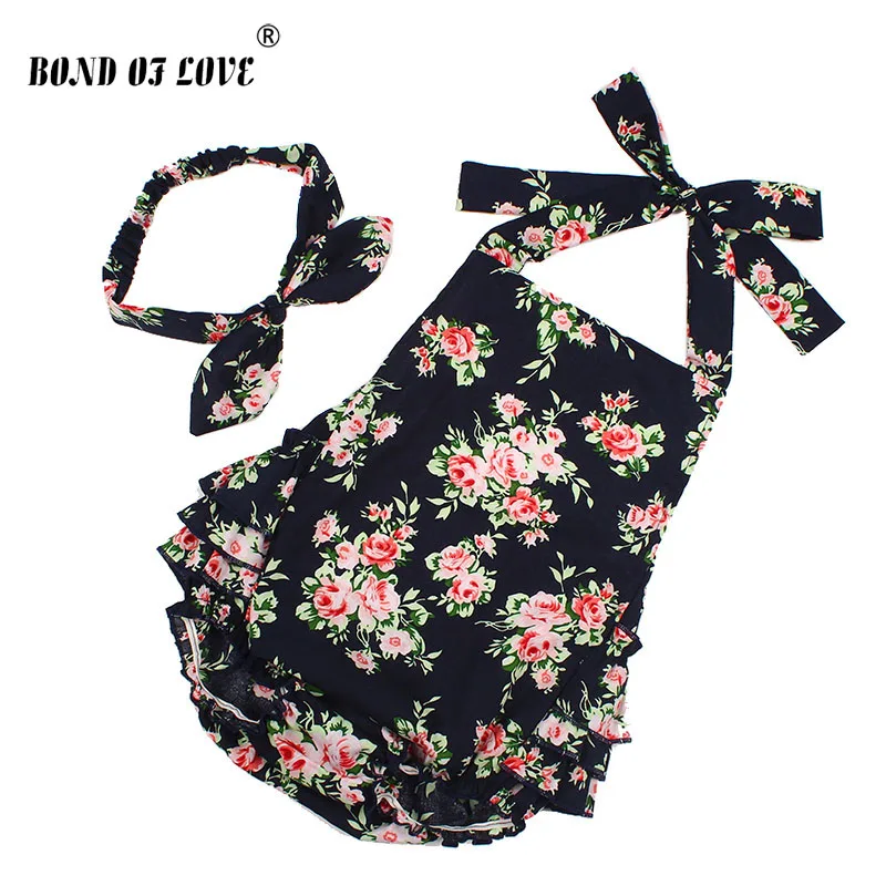 

Newborn Rompers Baby Clothes + Headband Flower Printed Newborn Baby Clothing Kinttted Soft Cotton Sleeveless Baby Jumpsuit
