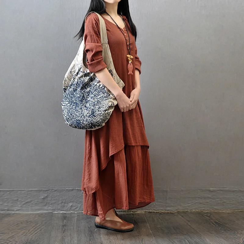 Fairy-Princess-Linen-Dress-Fashion-Women-Fake-Two-Long-Section-Dresses-Loose-Long-sleeved-Cotton-Dresses