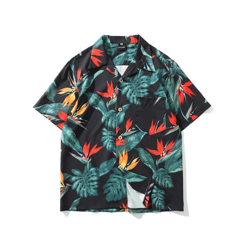 

Summer Printed Flower Short Sleeve Shirts Men Streetwear Harajuku Hawaiian Casual Fashion Beach Pocket Shirts for Men Camisas