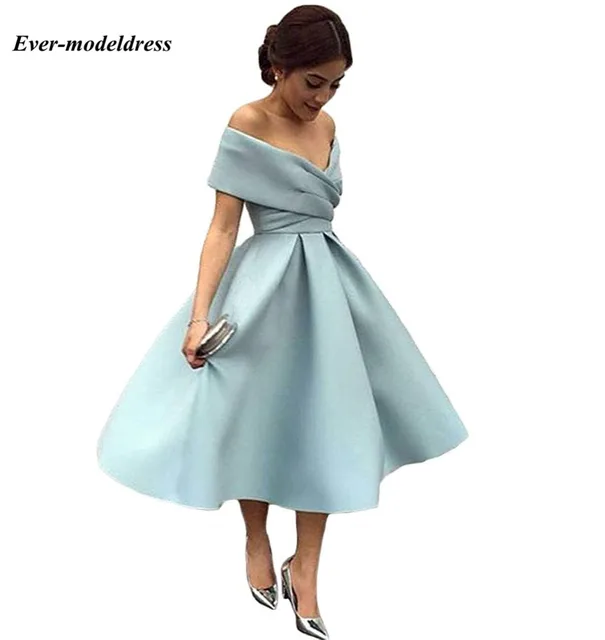 Best Offers Off Shoulder Tea Length Country Bridesmaid Dresses Open Back Pleats A Line Satin Short Prom Party Gowns vestido de festa longo Best Offers Off Shoulder Tea Length Country Bridesmaid Dresses Open Back Pleats A Line Satin Short Prom Party Gowns vestido de festa longo