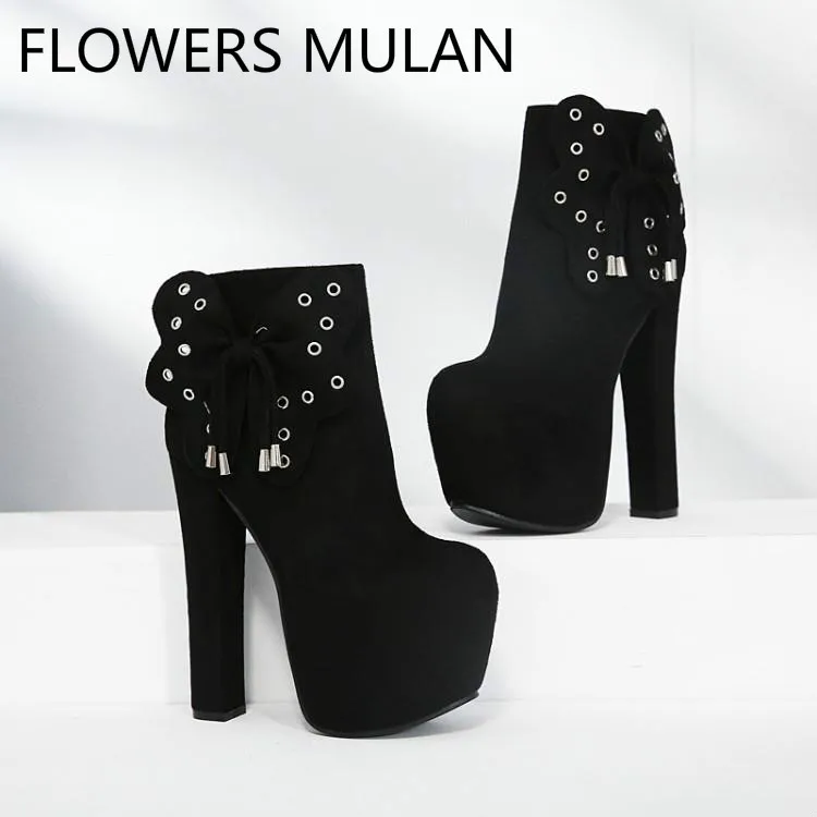 

Fashion Platform Super High Square Heel Winter Boots Women Black Suede Round Toe Side Zip Ladies Botas Butterfky Rivets Shoes