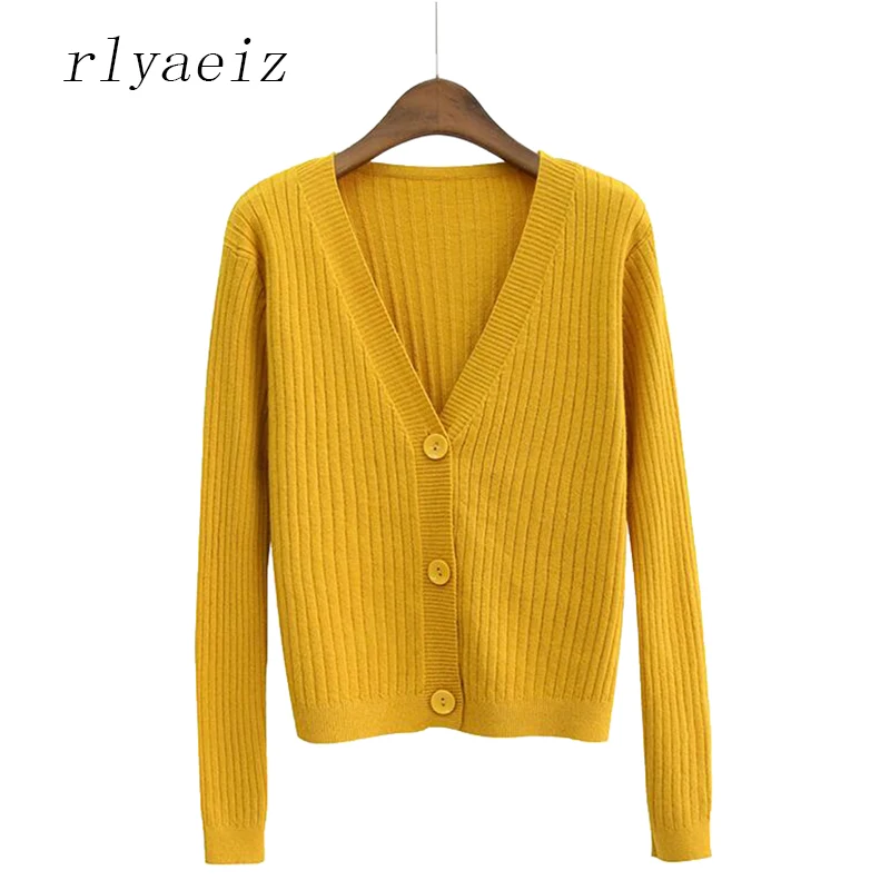 

Rlyaeiz 2018 Spring Autumn Women Short Knitted Cardigan Thin V-neck Sweater Solid Color Knitwear Loose Female Knitted Jumper