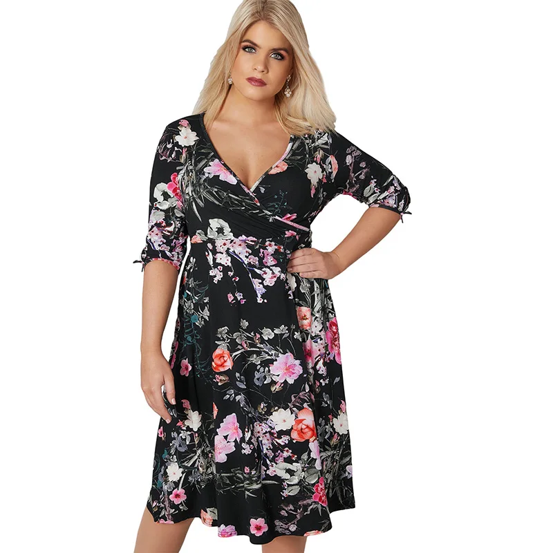 Black-3-4-Length-Tie-Sleeves-Floral-Jersey-Wrap-Dress-LC610046-2-26889