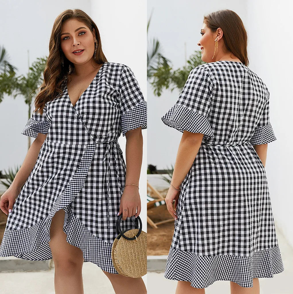 

Plus Size dress women summer Womens Lattice summer dresses Bandage V-Neck Dress Ladies Summer Holiday Dress elbise robe #G6