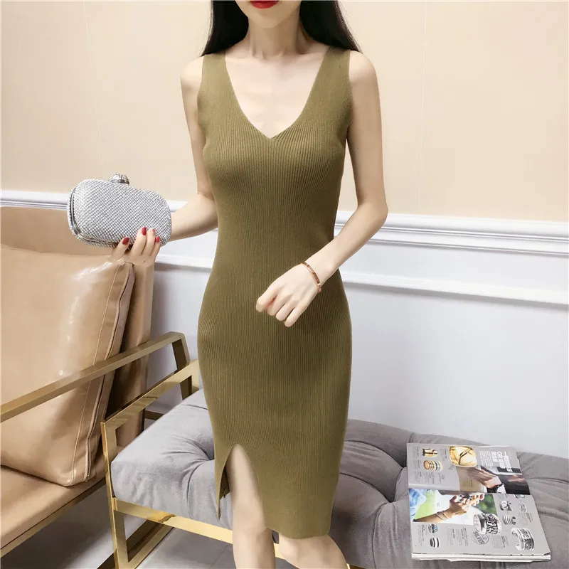 

Fashion Spring Summer Women Basic Sweater Dress Rib Knitted Pullover Sweater Mid-calf Long Halter Dress Elasticity Jumper D00503