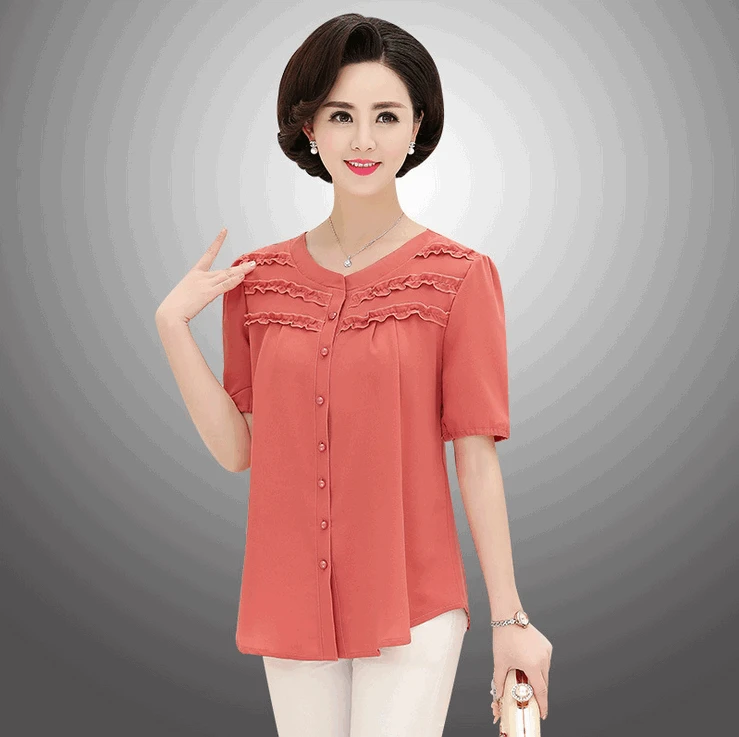 

short sleeve chiffon tops blouses for women camisa 2019 summer new plus size middle age mother shirts