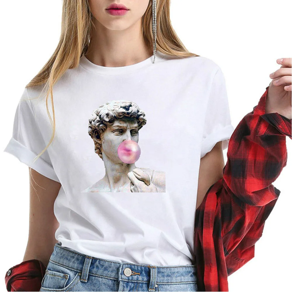 

David Michelangelo Summer Short Sleeve Printed Statue Bubble Gum Chewing Gum Print Fun Harajuku tshirt Plus Size New Tee Tops