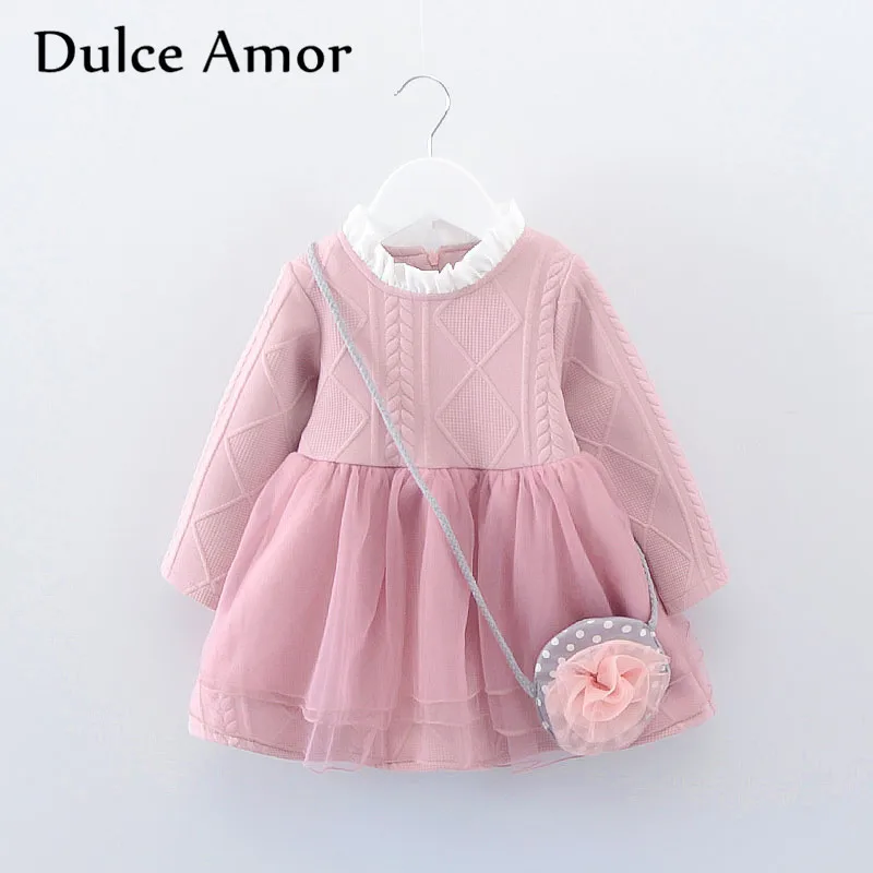 Dulce Amor/платье для девочек Одежда для маленьких девочек платье принцессы с сумочкой, высокое качество, коллекция года, весеннее кружевное платье с длинными рукавами+ сумка с аппликацией