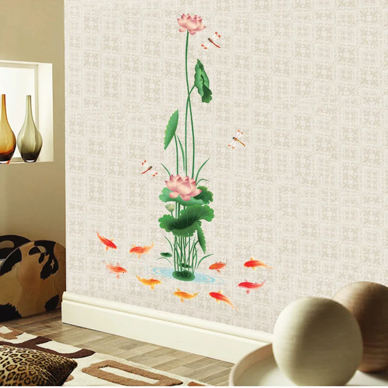 

3D Wall Art 90*150cm Chinese Style Lotus Flower Fish Vinyl Wall Sticker Living Room Bathrom Decoration Nature Wall Posters Mural