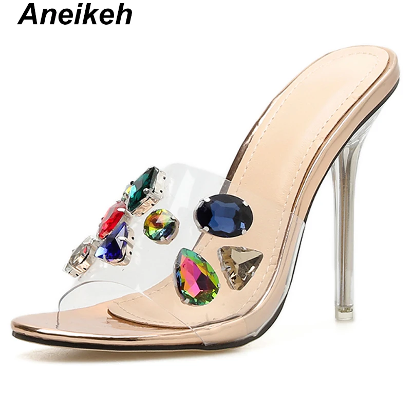 

Aneikeh Summer 2019 Rome Leisure PU Slippers Women Transparent Beads Round Toe Clear Glass Thin High Heel Champagne Silver 35-40