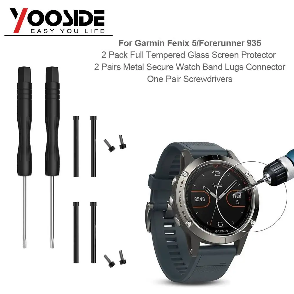 

2 PCS Tempered Glass Watch Screen Protector with Metal Secure Band Lugs Connector &Screwdriver for Garmin Fenix 5/Forerunner 935