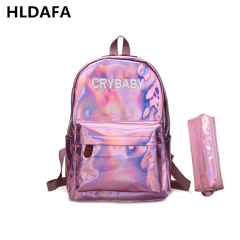 2017 New Women Hologram Backpack Laser Daypacks Girl School Bag Female Silver Pu Leather Holographic Bags