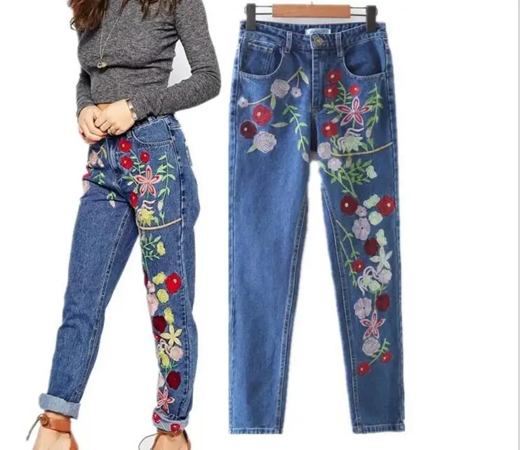 High Waist Jeans 2017 Female Newest Embroidery Flowers Washed Denim Jeans Pants Vintage Straight Casual Denim