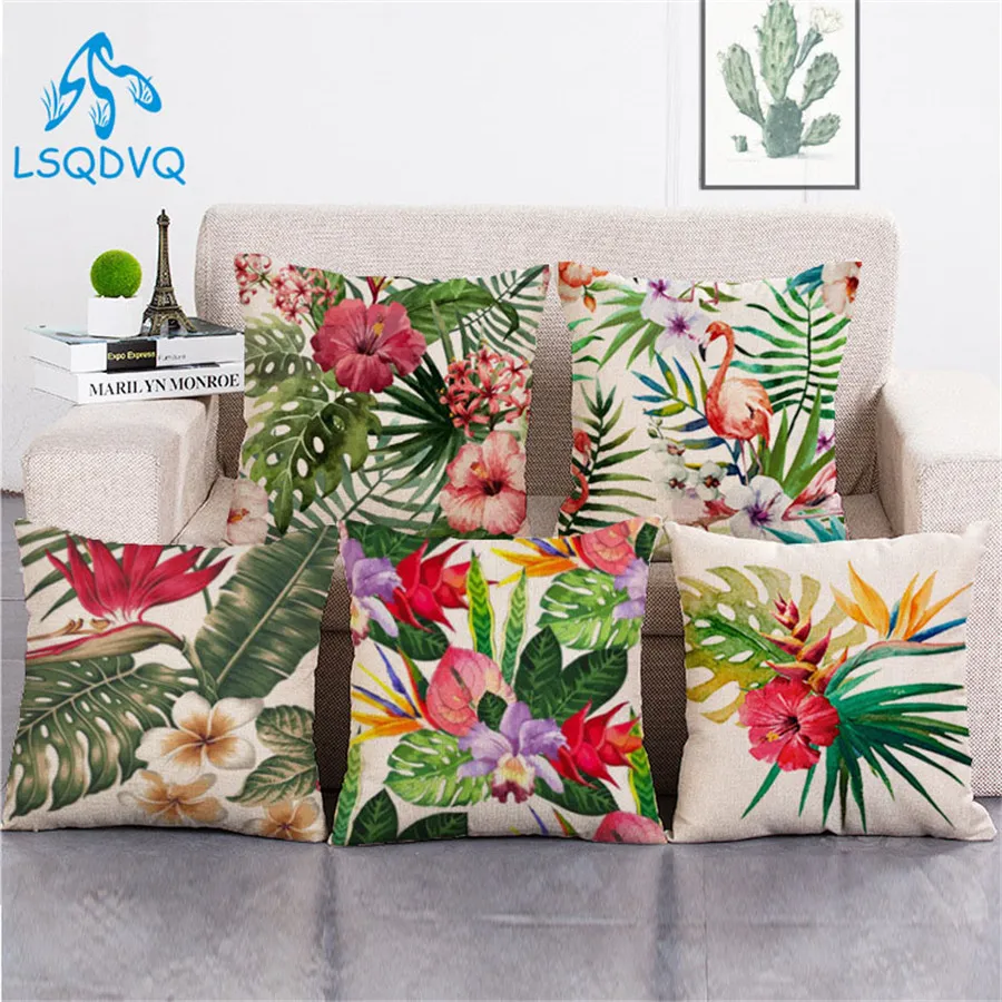 

Tropical Plant Flower Animals Flamingo Cotton Linen Cushion Cover Throw Pillow Case Floral Capa De Almofadas 45x45cm