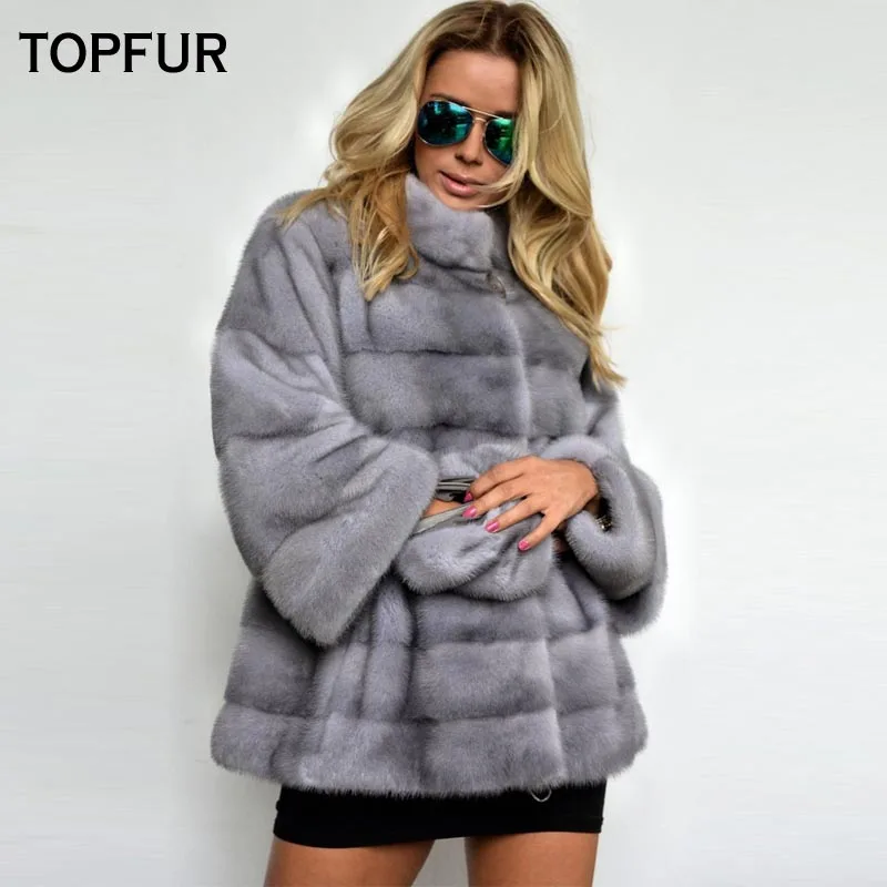 

TOPFUR Women Luxury Solid High Street Fur Outwear Jackets 2019 New Real Mink Fur Coat Detachable Sleeve Short Slim Mink Fur Coat