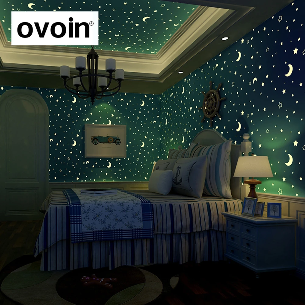 Glow Effect Night Sky Design Star And Moon Luminous Wallpaper Kids Ceiling Decor Fluorescent Wall Paper For Children Bedroom Designer Wall Paper Wall Paperdesigner Wallpaper Aliexpress