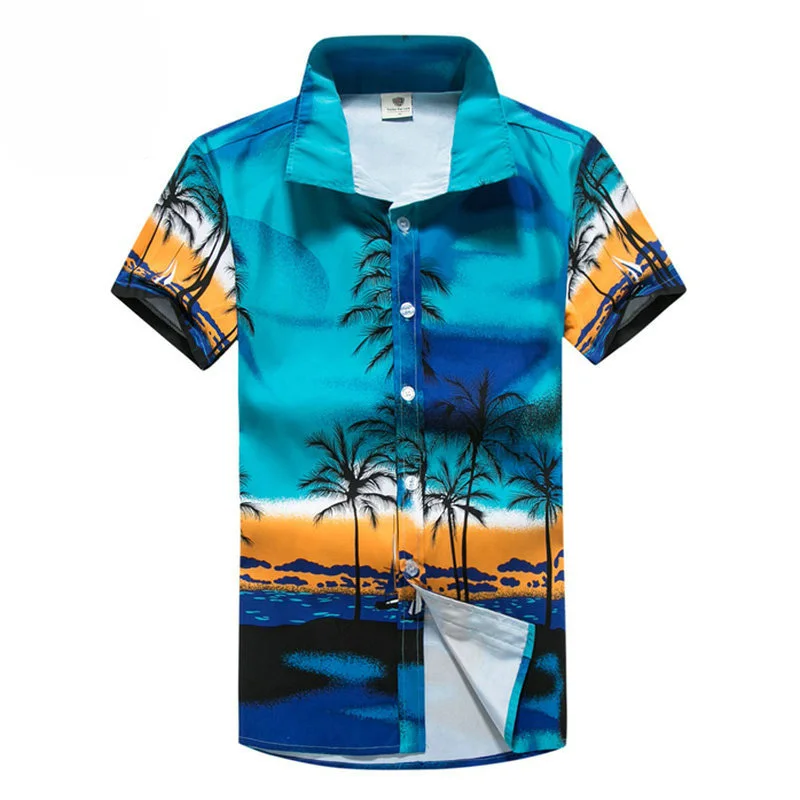 Мужская пляжная рубашка Aloha мужская гавайская рубашка с коротким рукавом с принтом пальмы летние быстросохнущие рубашки часть сёрфинга праздник - Цвет: Blue