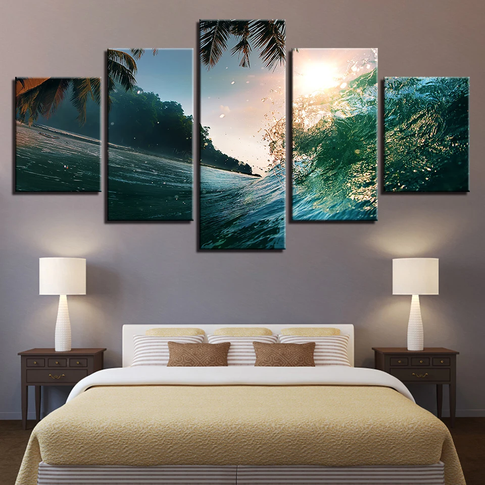 

Canvas Pictures Wall Art Home Decor 5 Pieces Sunshine Beach Green Waves Painting HD Prints Seascape Poster Living Room Framework