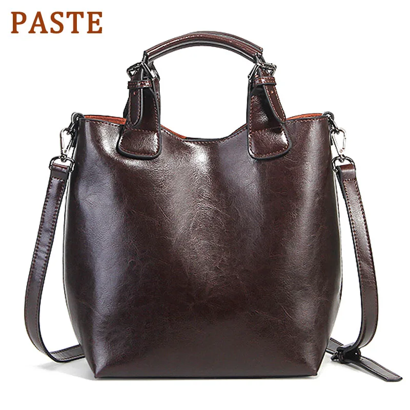 

PASTE Women Handbags Designer 100% Real Leather Female Casual Tote Bag Retro Bucket Bags Ladies Crossbody Messenger Purse Coffee