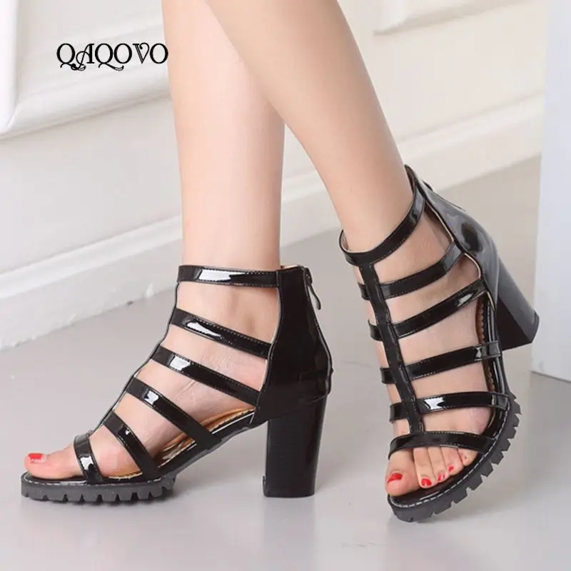 

2019 Summer Gladiator Sandals Open Toe Zipper Shoes Women Thick High Heels Casual Shoes White Silver Black