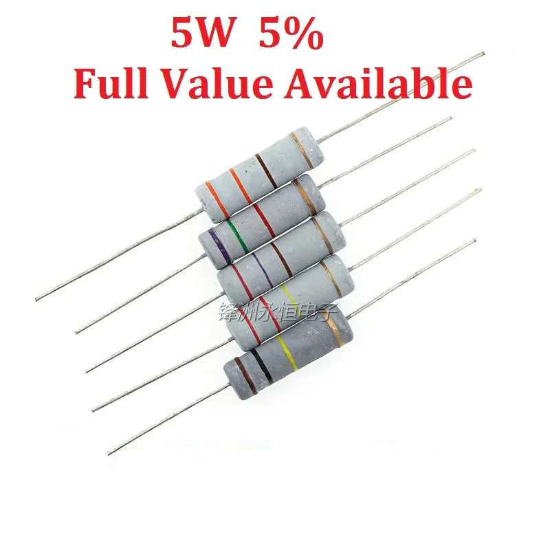 

10PCS/LOT 5W 15R/18R/20R/22R/27R metal film resistor 15/18/20/22/27 ohm 5% 0.25W resistors color ring resistance