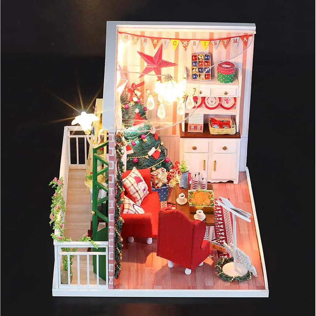 Miniature Dollhouse Kit DIY Wooden Christmas House Model with Lights Educational Toys Xmas Gift for Children Kids