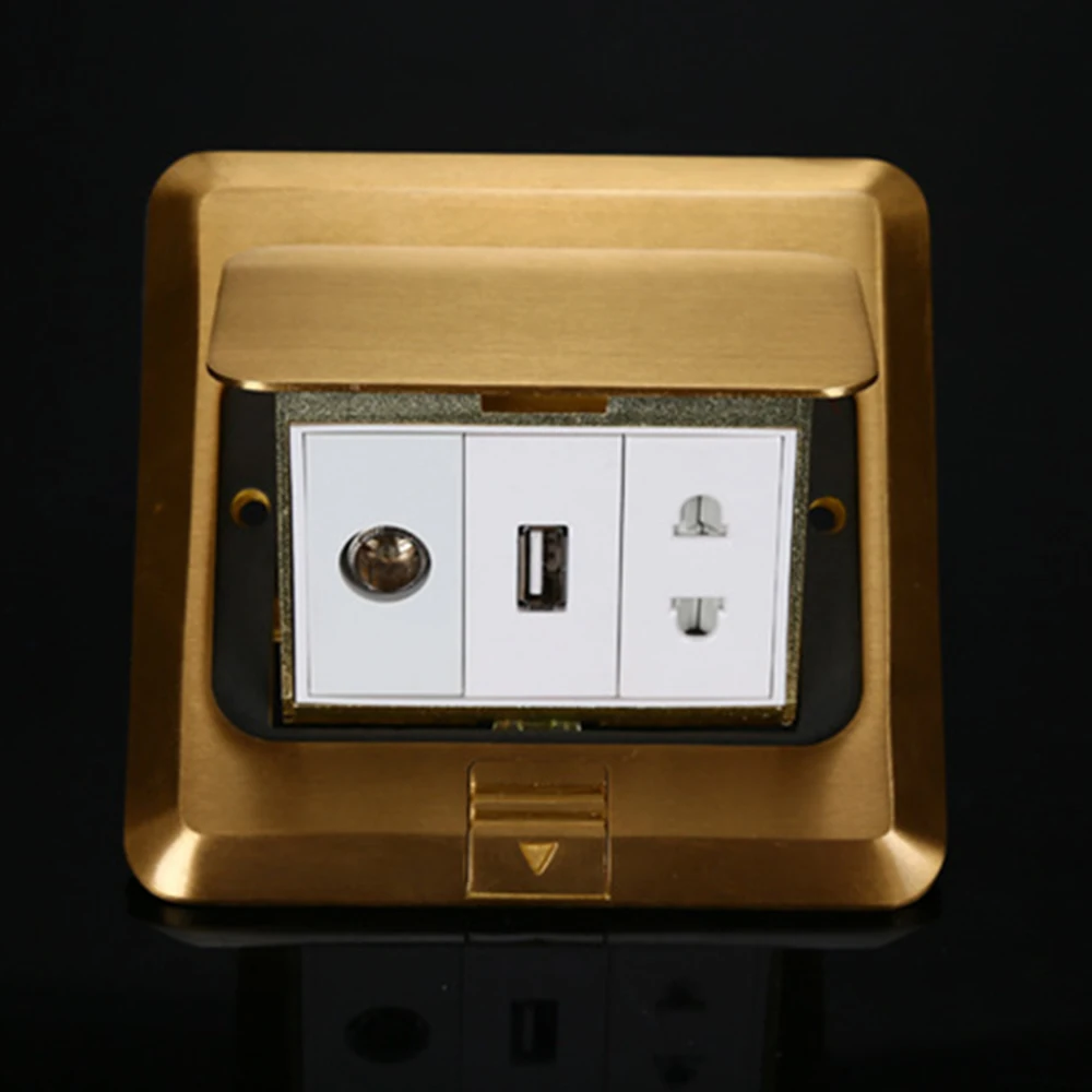 

Manufacturer All Copper Gold Panel Pop Up Floor Socket TV Jack + 1A USB Charge Port For Mobile Phone + 2 Pin Power Outlet