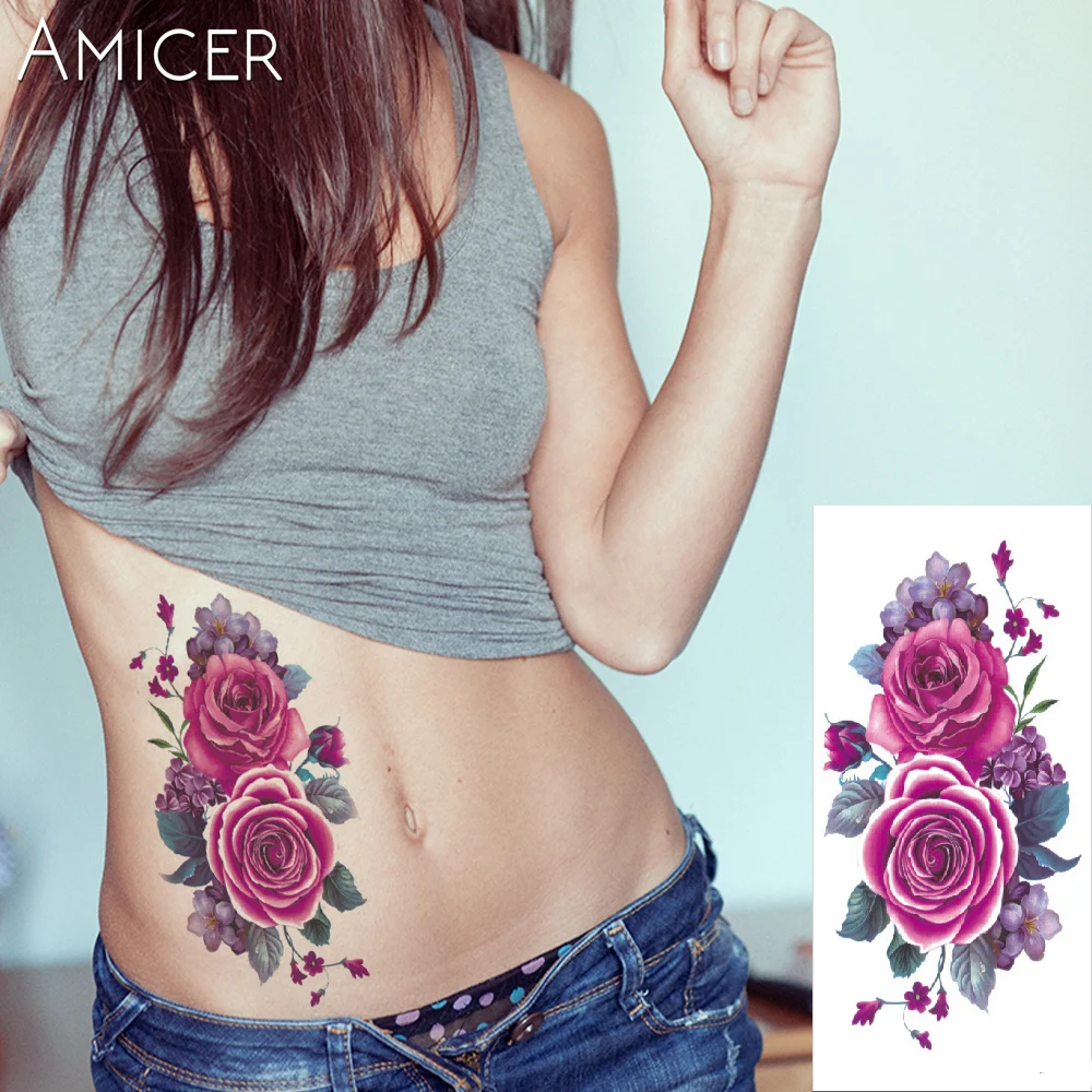 Тату татуировки временные переводные татуировки Розы Искусственные цветы руки тату наклейки на плечо флеш-тату из хны поддельные водонепроницаемые Временные татуировки стикер женщины на теле
