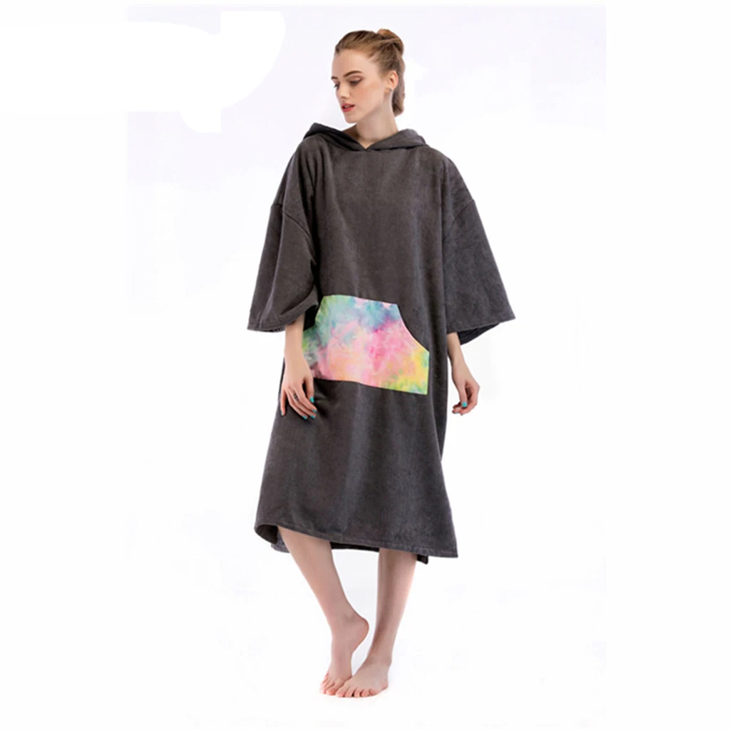 Black Surf Poncho Towel with Hood for Adult Women Men, Microfiber Beach Changing Robe for Pool Swimming Bathing Surfing Wetsuit