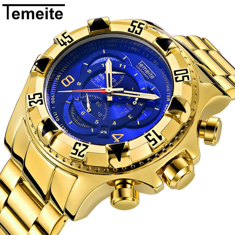 

Temeite Mens Watch Stainless Steel Fashion Luxury Gold Watch Men 6 Pointer Big Dial Quartz Watches Reloj Hombre Chronograph