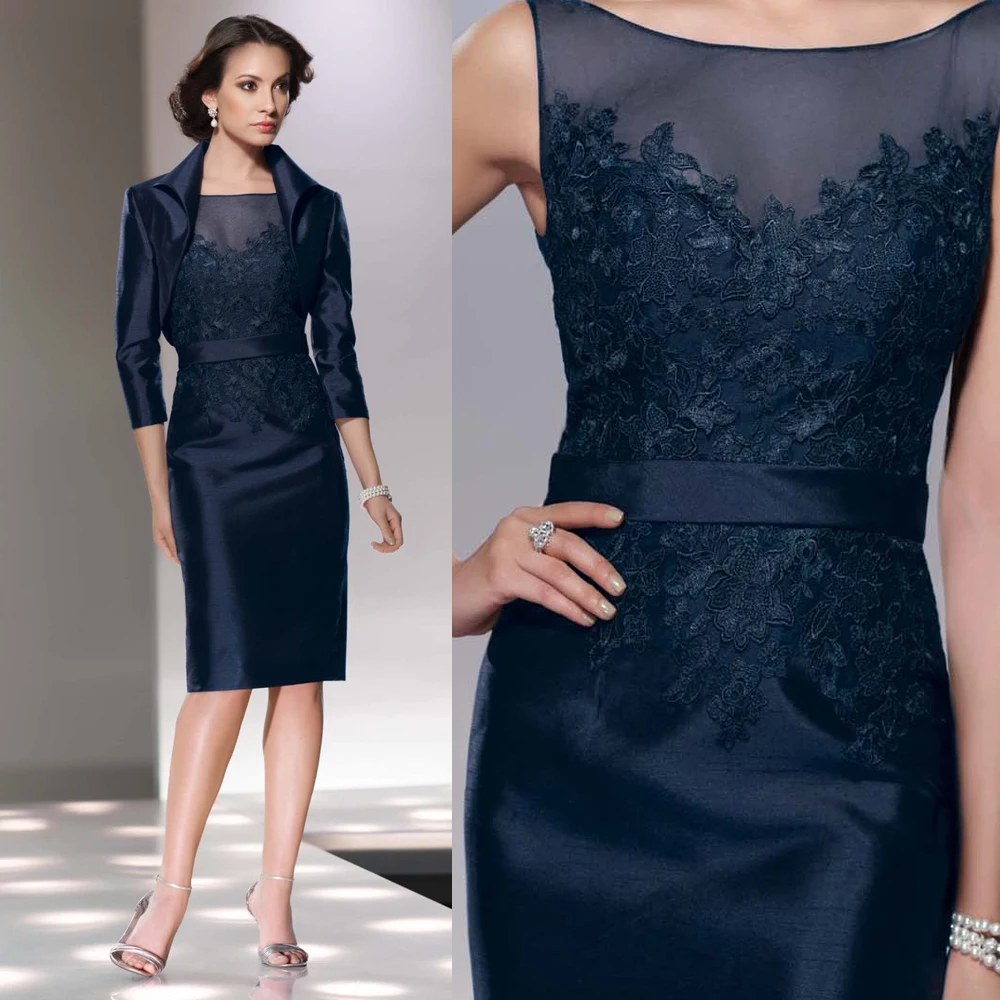 Vestido De Madrinha Navy Blue Short Mother Of The Bride Dresses Vestido De Madrinha Navy Blue Short Mother Of The Bride Dresses With Jacket Knee Length Satin Formal Evening Gown In From