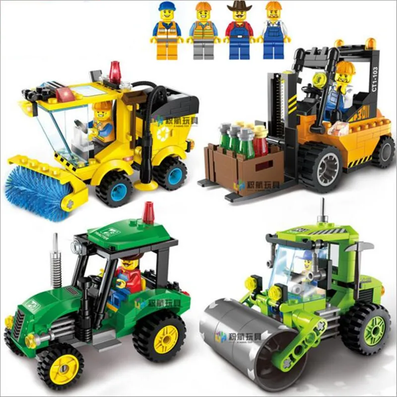 Kids Educational Construction Toys Cleaner Tractor Roller Forklift Truck DIY Building Blocks Toy Kit