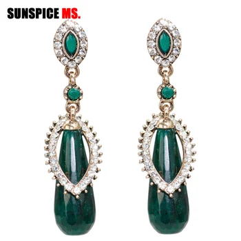 

SUNSPICE MS. Luxury Natural Stone Drop Earrings Ethnic Wedding Indian Jewelry Antique Gold Color Fashion Crystal Dangle Earrings