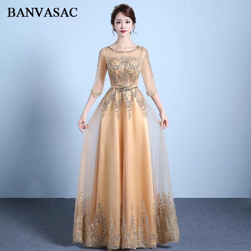 

BANVASAC 2018 Crystal Illusion O Neck Lace A Line Long Evening Dresses Elegant Sequined Sash Party Prom Gowns