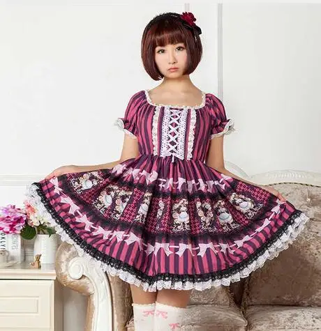 Sweet Lolita Daily Dress Purple Mori Girl Short Sleeve Square Neck Printed | Тематическая одежда и униформа