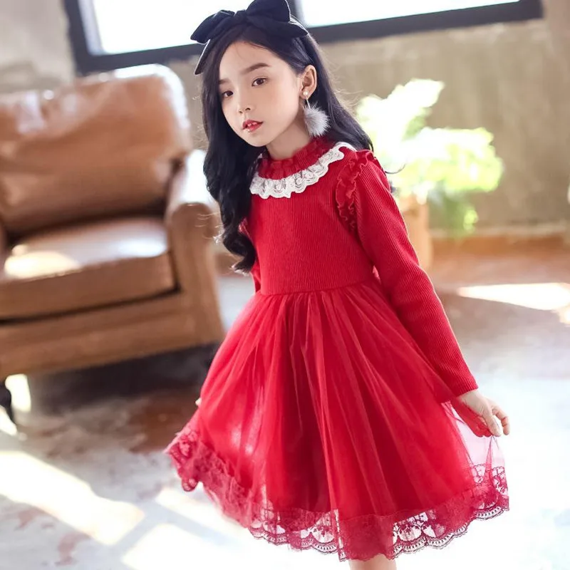 

Winter Clothing New Kids Dresses Velvet Thicken Baby Girl Sweet Red Long Sleeve Knitted Lace Princess Dress Party Gauze Dress