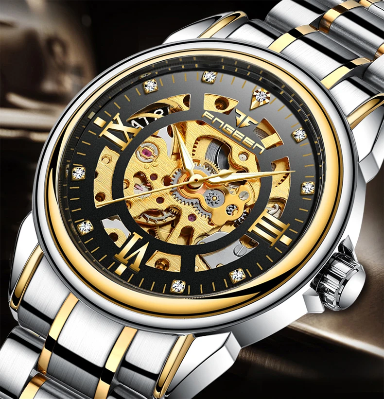 FNGEEN Luxury Stainless Steel Watch Men Hollow Automatic Mechanical Wristwatch Male Gold Crystal Waterproof Clock Mens Watches