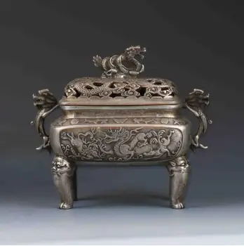 

Chinese Tibetan Silver Hand-carved Dragon Incense Burner&Lid XuanDe Mark pot shipping free