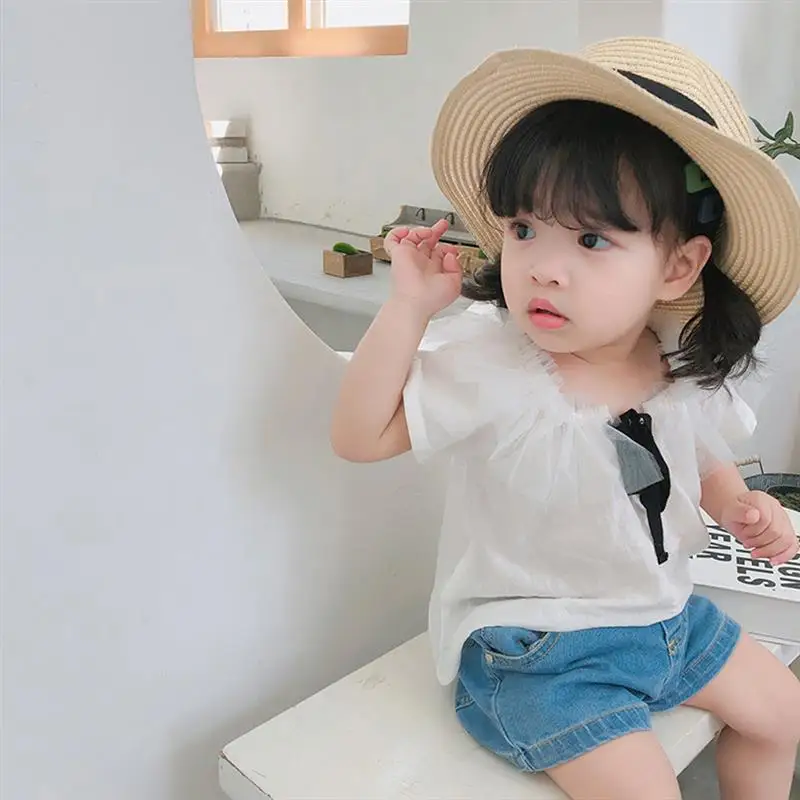 Одежда для малышей Милая футболка для маленьких девочек, милая летняя кукла в японском стиле, рубашка с короткими рукавами и бантом белые блузки с воротником