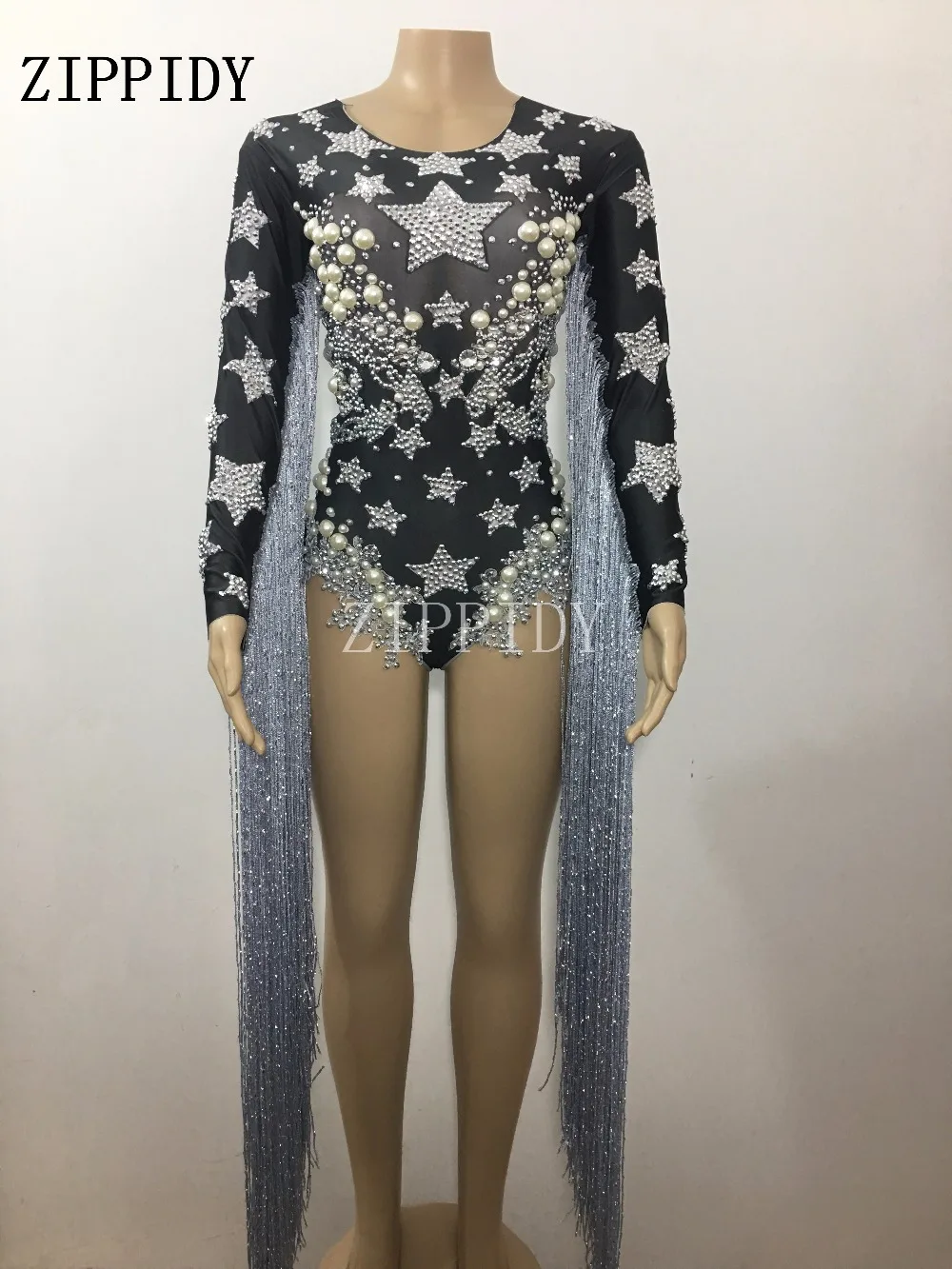 Bright Crystals Pearl Gray Long Tassel Black Bodysuit Stars Pattern Costume Nightclub Party Female Singer Show Celebrate Leotard