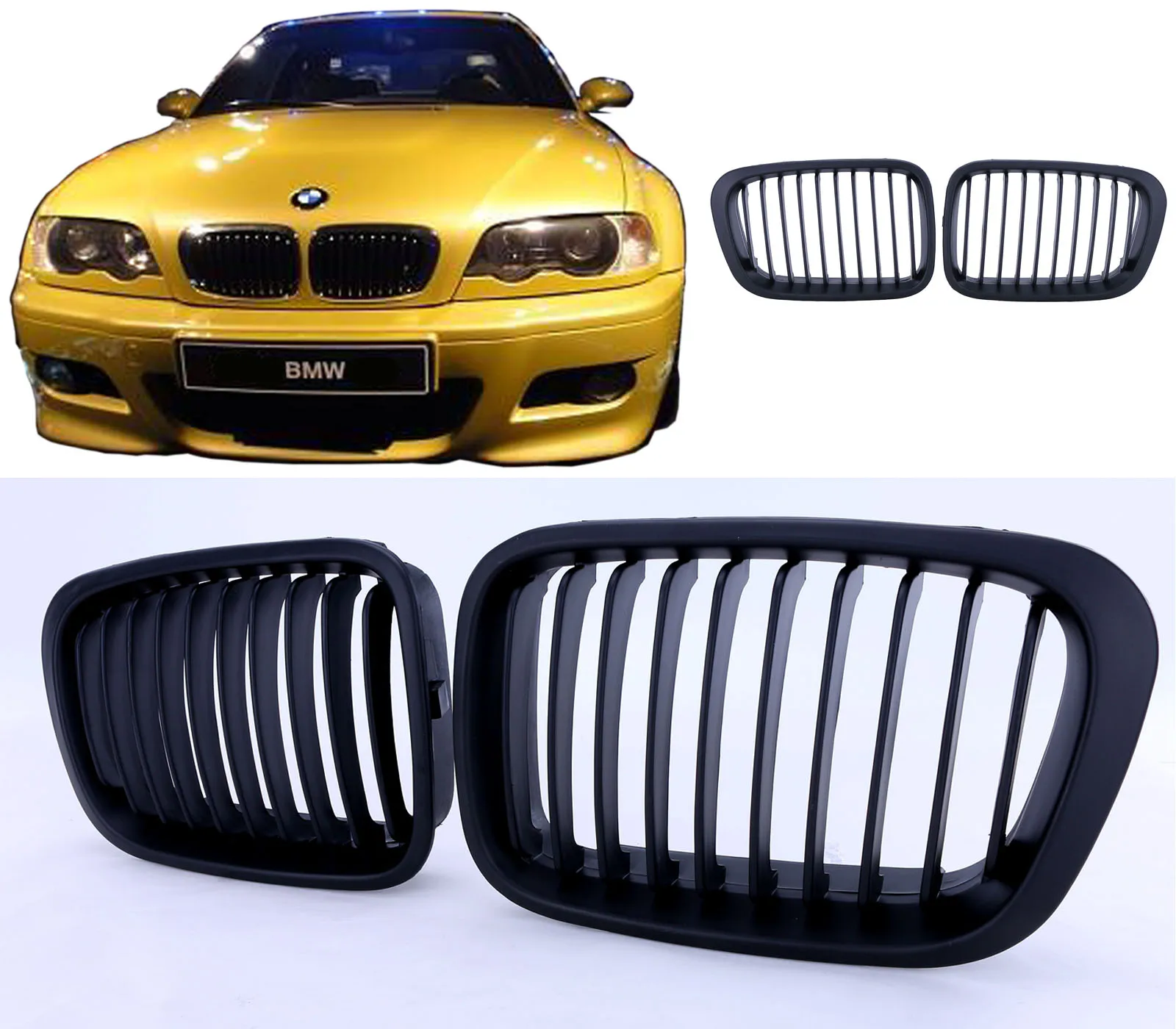 

1 Pair Matte Black Front Kidney Grille Grill For BMW E46 Sedan 4 Door 4D 3Series 1998 1999 2000 2001 //