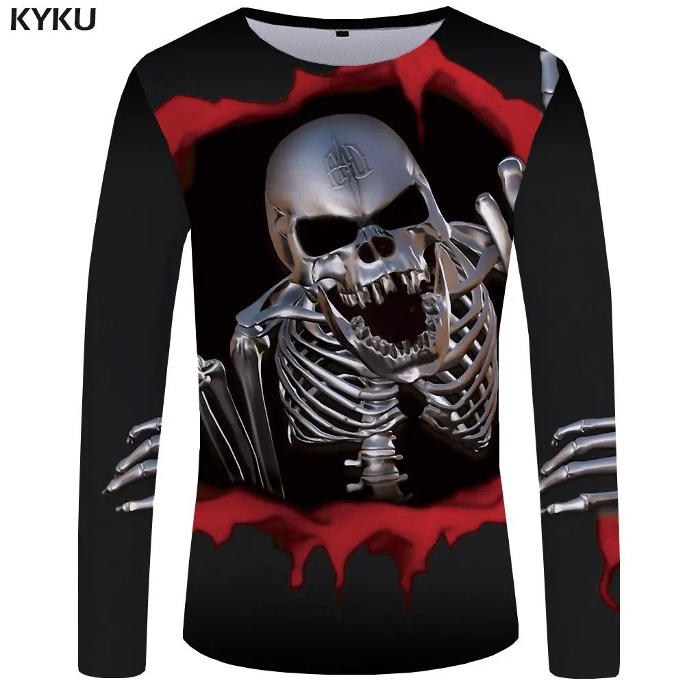 KYKU бренд череп футболка Для мужчин длинная рубашка с рукавами черного цвета в стиле панк дьявол уличная рок с принтами футболка рок Графический Для мужчин s Костюмы - Цвет: Long T shirt 18