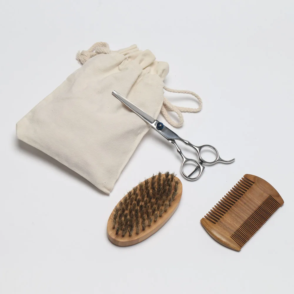 4PCS/set Beard Set Men Beard Scissor Kit With Beard Comb Wood Bamboo
