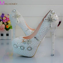 Crystal Wedding Shoes Cross Rhinestone Bridal Dress Shoes White Pearl Platform Shoes Birthday Party Prom Pumps