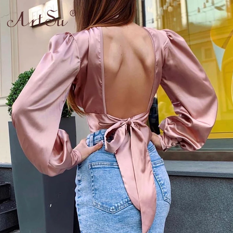 

ArtSu Women Turtleneck Pink Silk Satin Blouses Backless Long Puff Sleeve Sexy Lace Up Bow Party Crop Top Lady Shirt 2019 Autumn