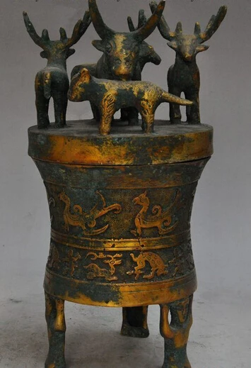 

bi003391 12"old china palace bronze gilt Ox bull phoenix bird statue Vase jar Tanks Crock