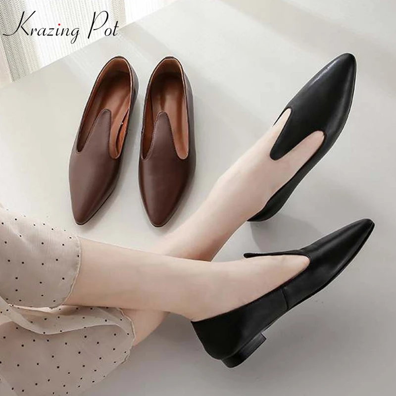 

Krazing pot new full grain leather Autumn season strange design slip on low heels simple concise lazy fashion pregnant pumps l83