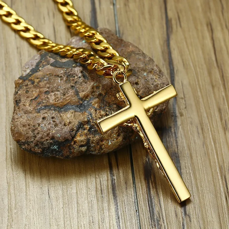 Позолоченное ожерелье с подвеской в виде Креста Иисуса из нержавеющей стали, хип-хоп, кубинский крест, ожерелье 24 дюйма