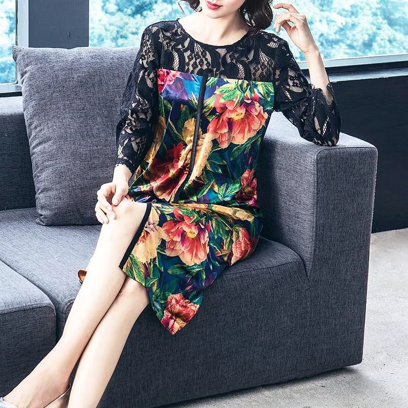 

Spring Autumn Female Woman 3/4 Sleeve Patchwork Floral Pattern Velour Dress , 2017 Fall Womens 4xl Loose Placket Velvet Dresses